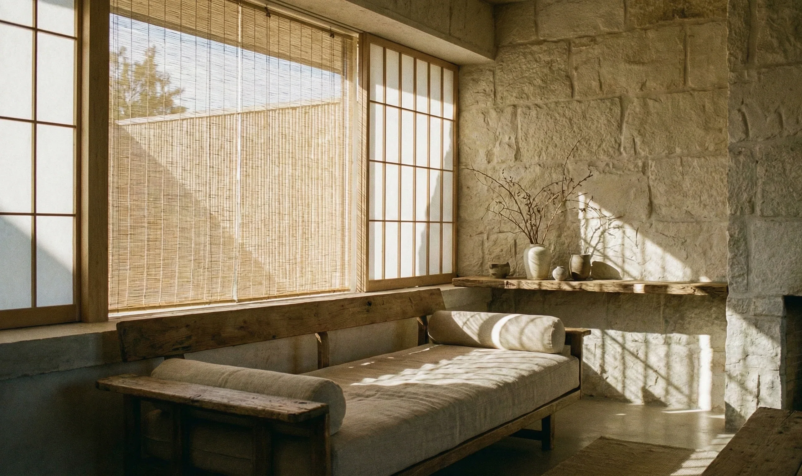 Minimalist room with soft sunlight hitting a textured wall