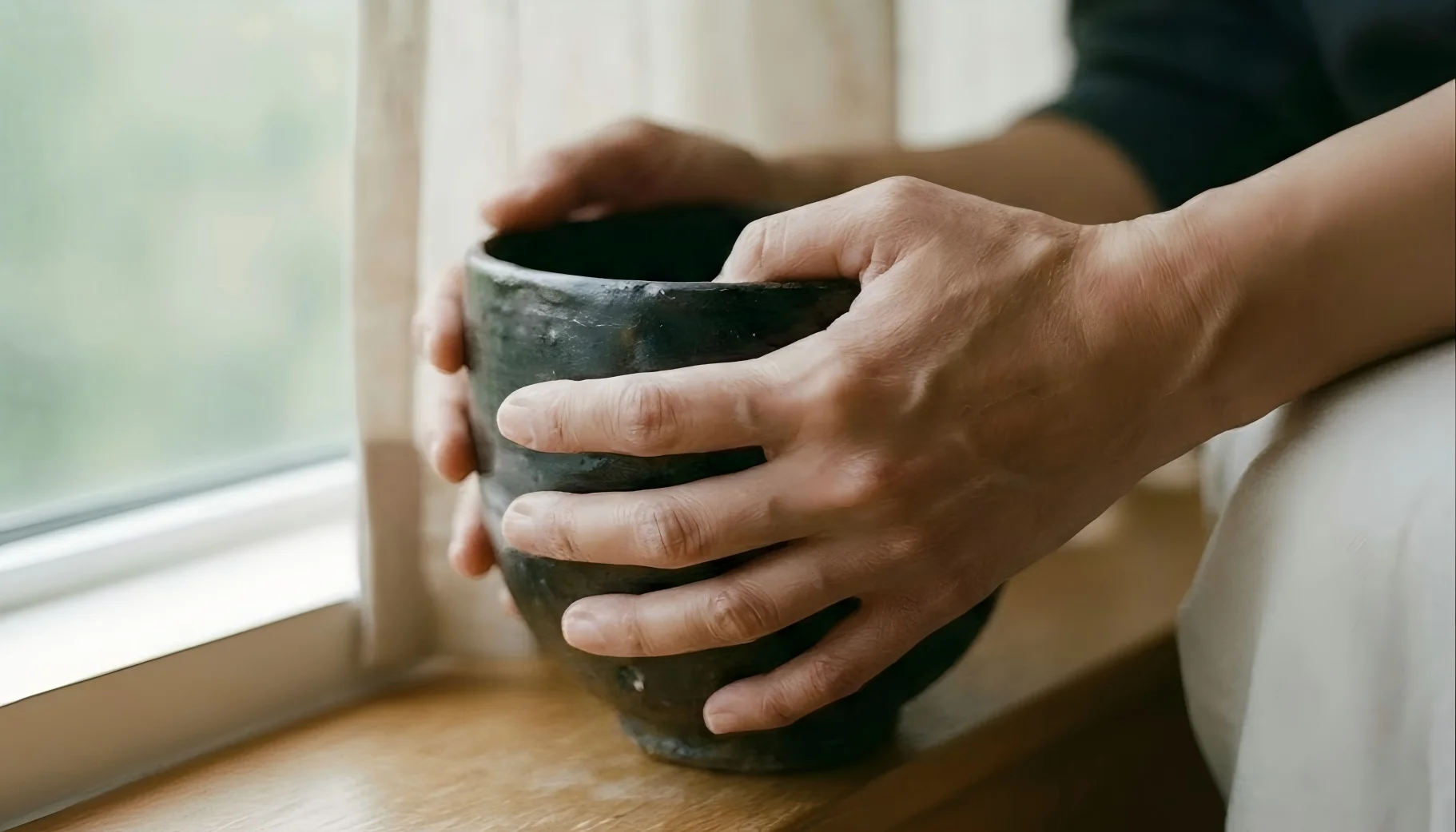 Close up of hands holding a warm, textured ceramic tea bowl