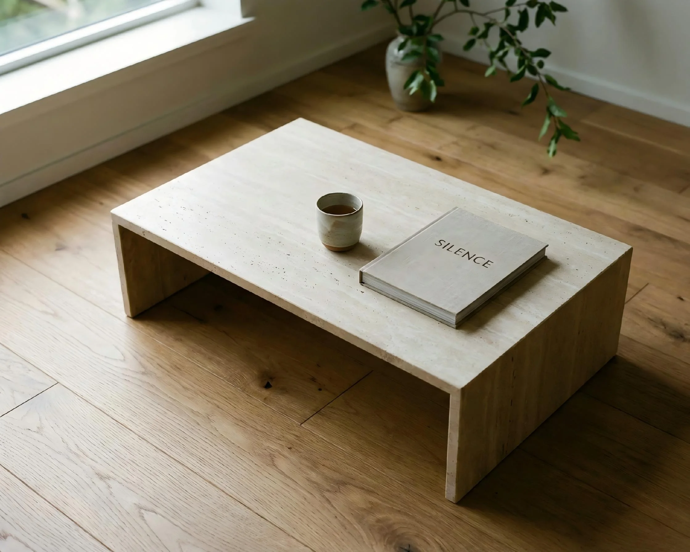 Low wooden coffee table with tea
