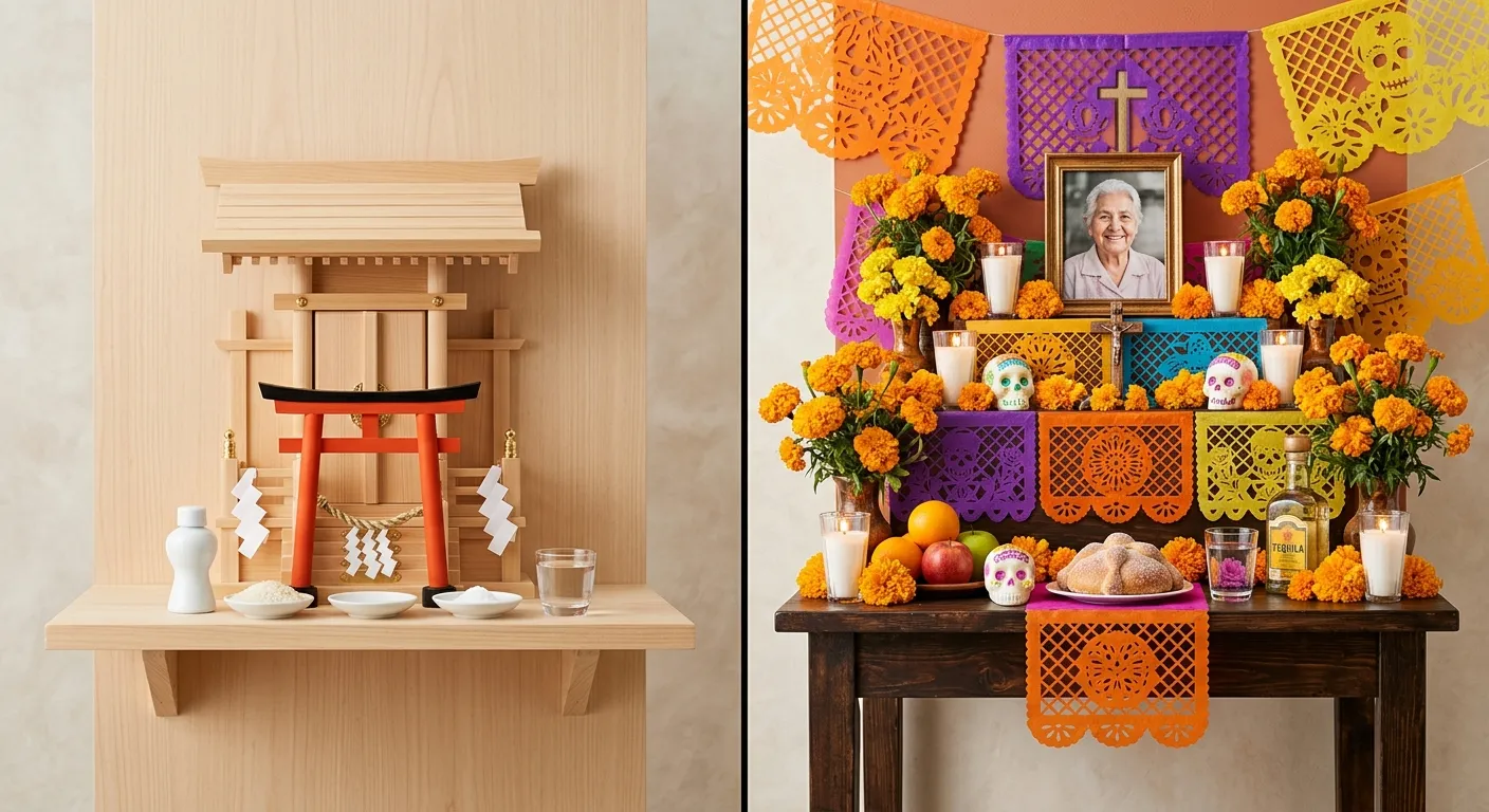 Side-by-side comparison of a rugged wooden ofrenda and a minimalist Japanese Kamidana
