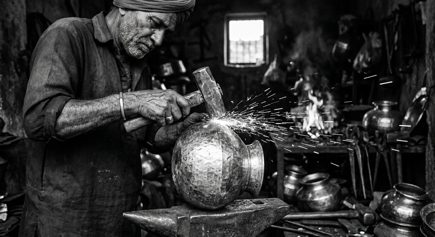 Artisan hand-hammering a metal bowl in a traditional workshop