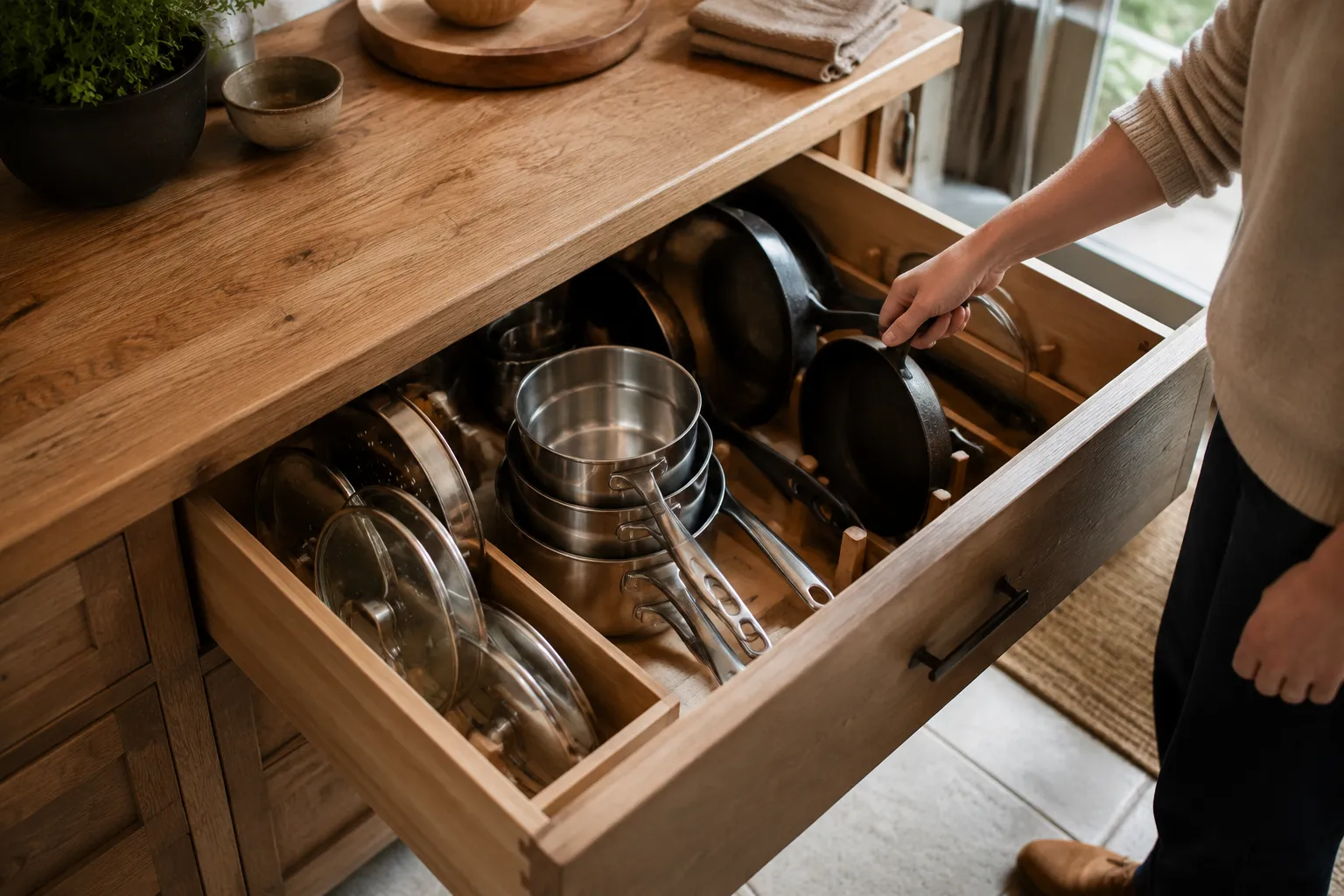 Deep Drawer Kitchen Storage for Pots, Pans, and Lids
