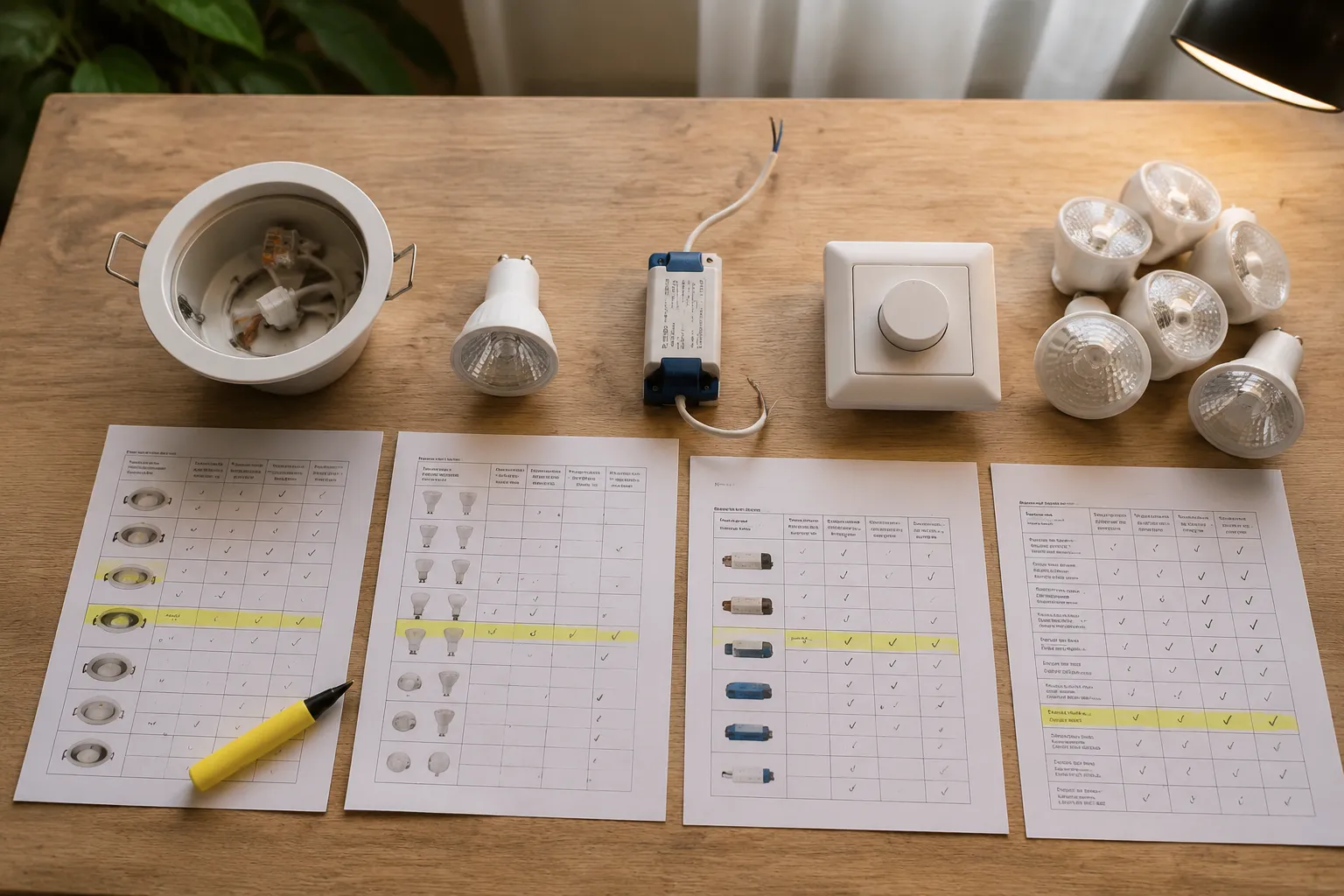 A bulb, fixture, LED driver, wall dimmer, and model documents arranged as one compatibility chain