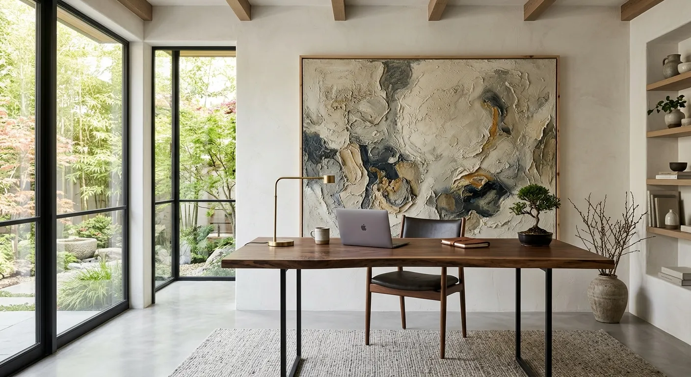 High-end executive Zen home office with micro-cement floor and live-edge walnut desk