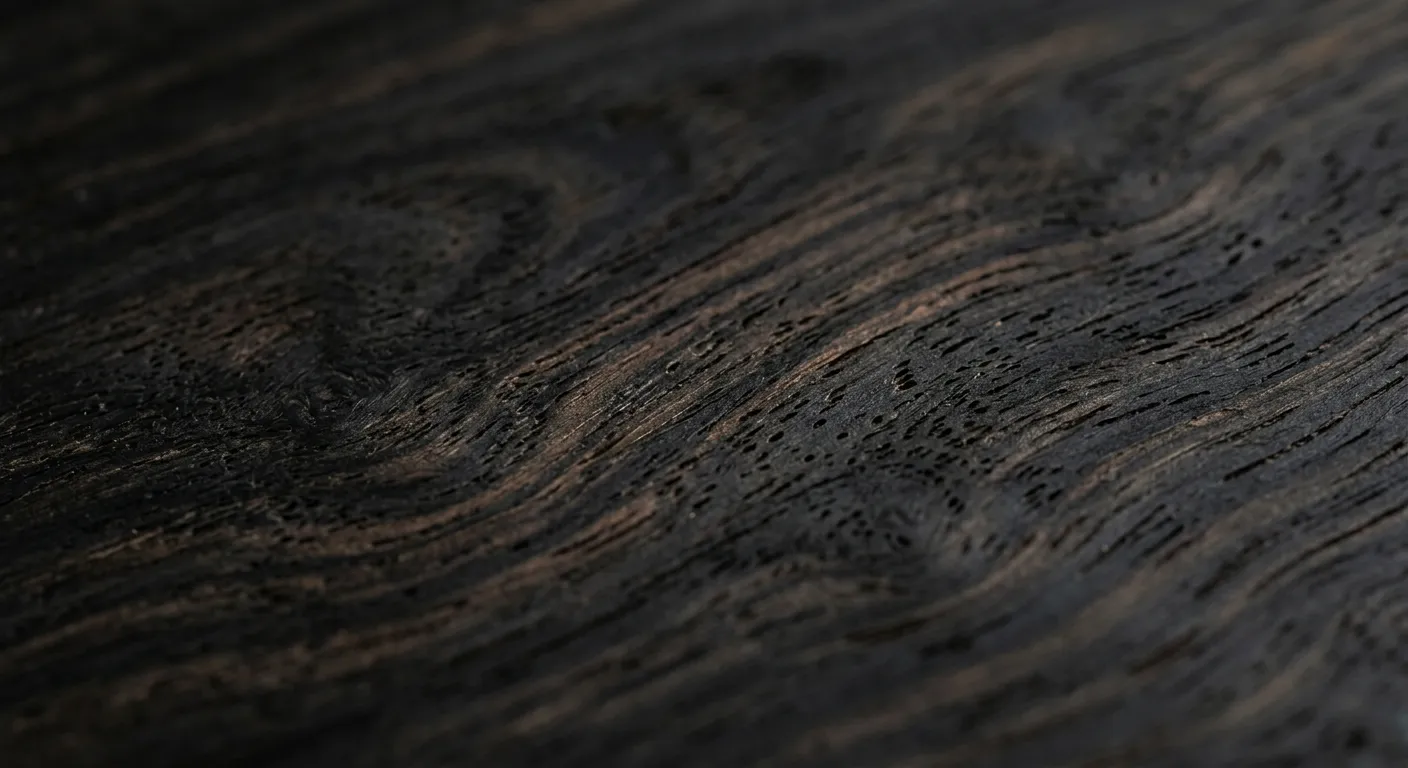 Macro shot of authentic Karungali wood showing natural grain and charcoal undertones