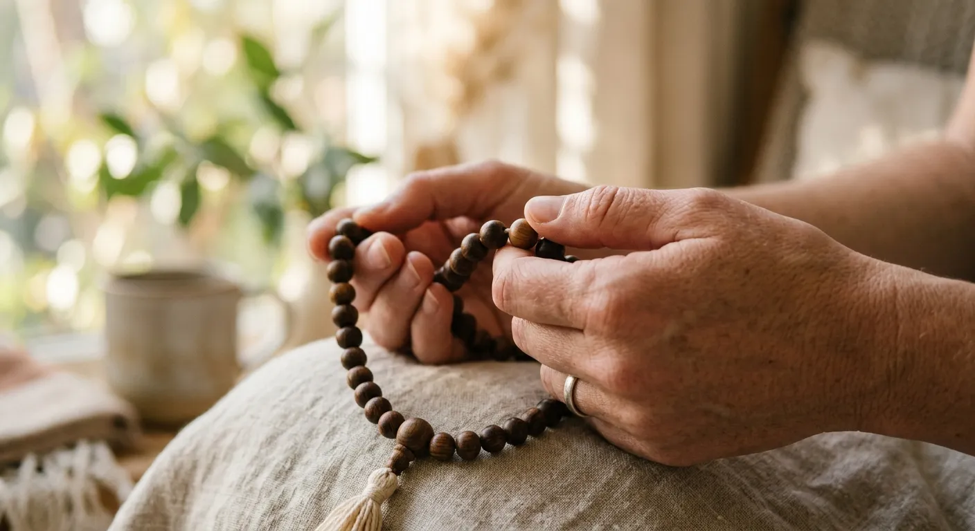 Close up of hands holding a wooden mala during meditation in soft morning light