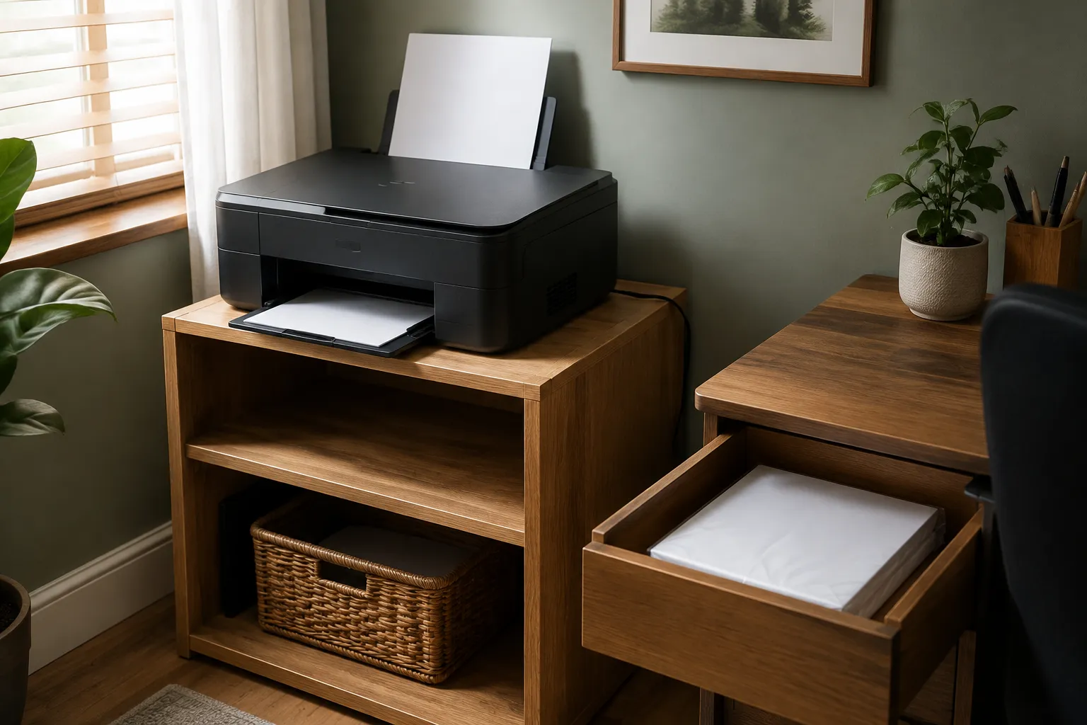 Printer and Paper Storage for a Home Office That Stays Visually Quiet