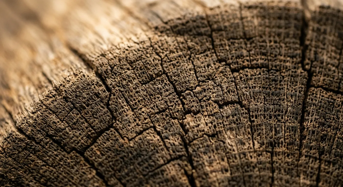 Macro shot of reclaimed oak wood grain showing natural fissures