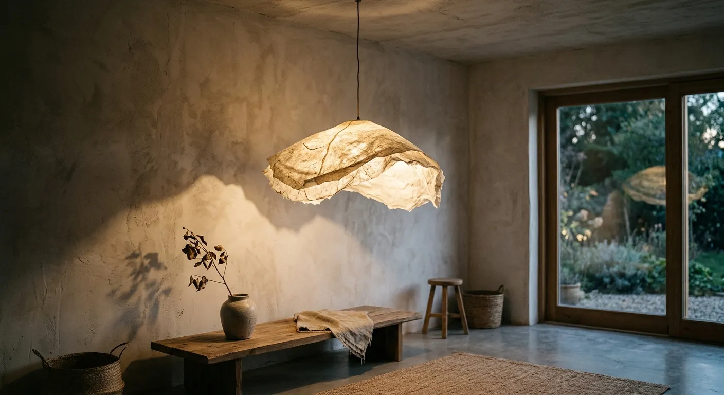 Sculptural rice paper pendant light casting organic shadows