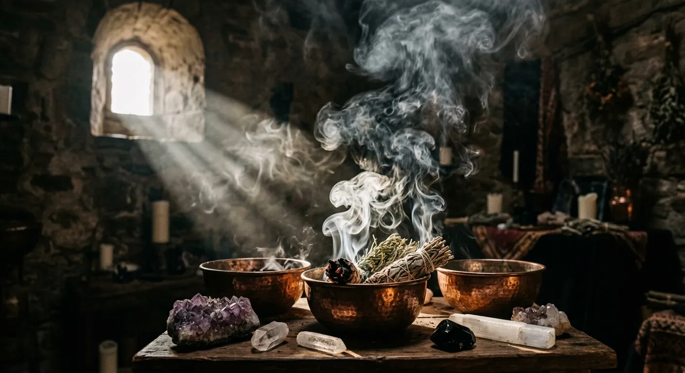 Wisps of herbal smoke rising around a collection of ritual tools