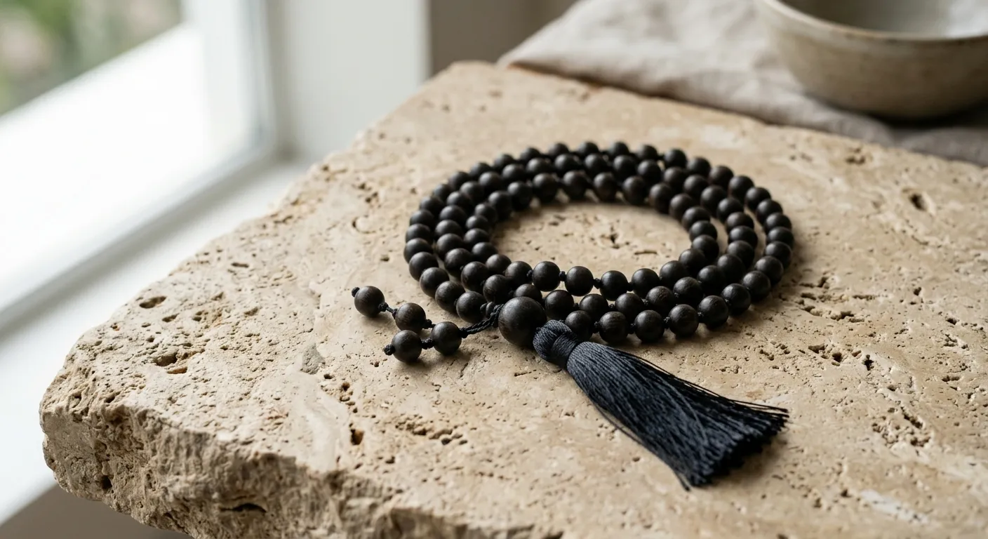 A high-end minimalist display of a dark ebony mala resting on a limestone surface