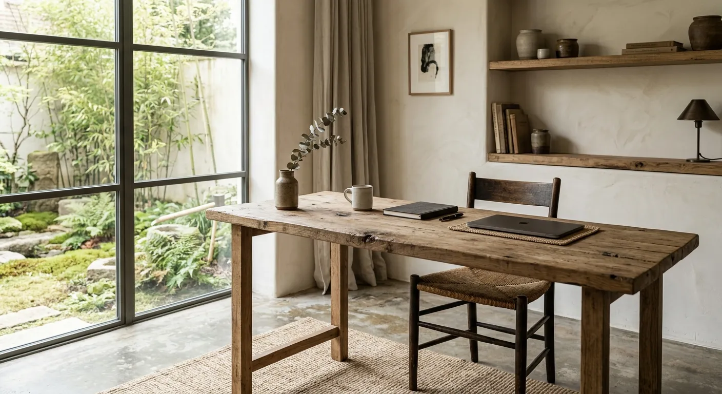 A serene Wabi-Sabi office environment with natural light and raw materials