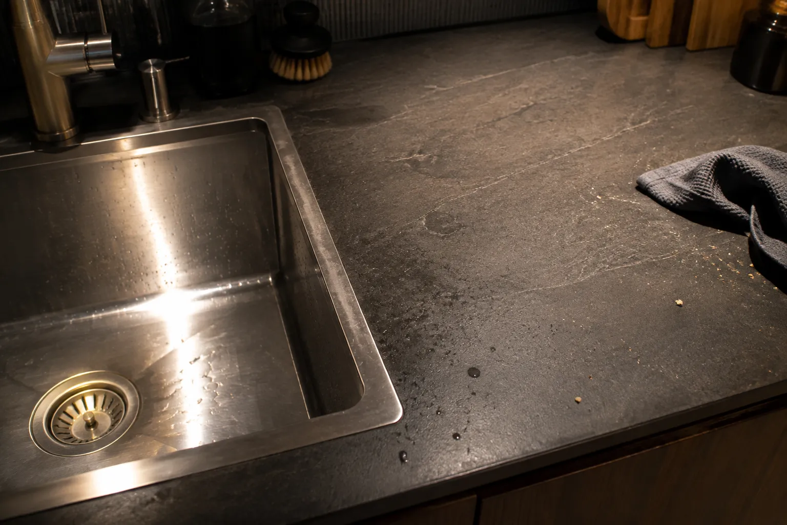 Task light revealing glare on polished metal beside a clearly lit dark kitchen counter