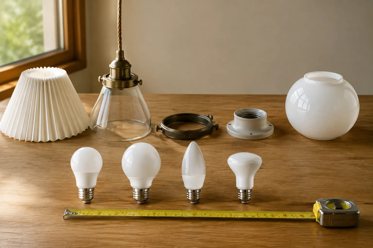 Several warm light bulb shapes compared against a paper shade, clear pendant opening, retaining ring, and covered ceiling globe