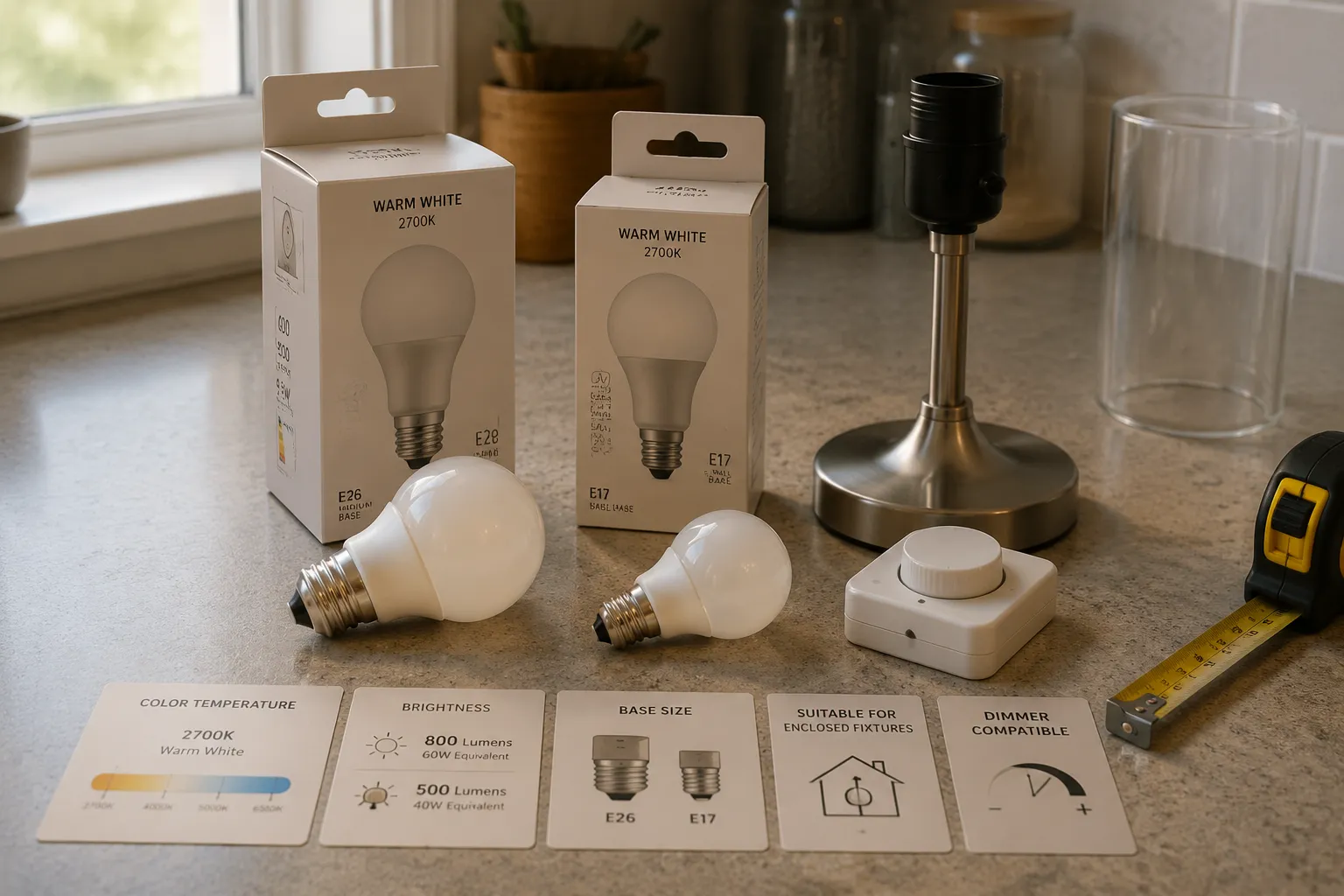 Bulb packages and a lamp fixture arranged to compare Kelvin rating, lumens, base size, enclosure suitability, and dimmer compatibility