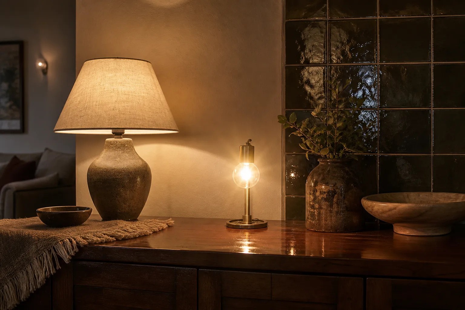Warm lamp options showing shaded diffusion, exposed bulb glare, and reflected light from room surfaces